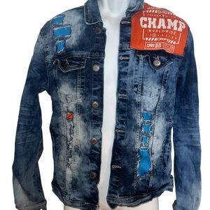 Copper Rivet Champ Worldwide Denim Jacket Small Distressed Patchwork Blue Jean